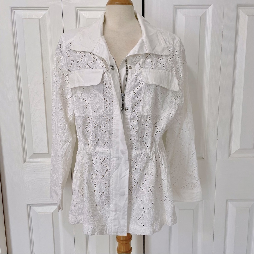 Chico's White Eyelet Collared Zip and Snap Up with Tie Waist Utility Jacket Sz3
